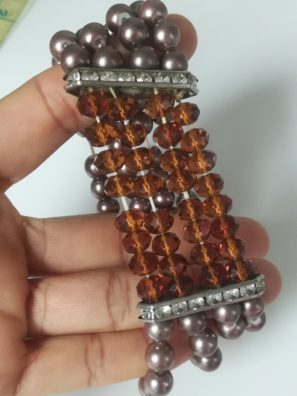 Multi-Strand Brown Bead and Amber Crystal Bracelet - Unbranded